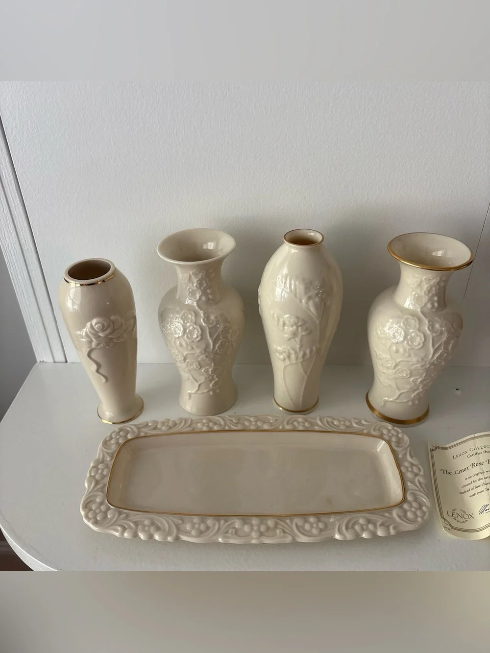 Lenox Cream Ceramic Floral Relief Vase Set with Gold Trim Accent